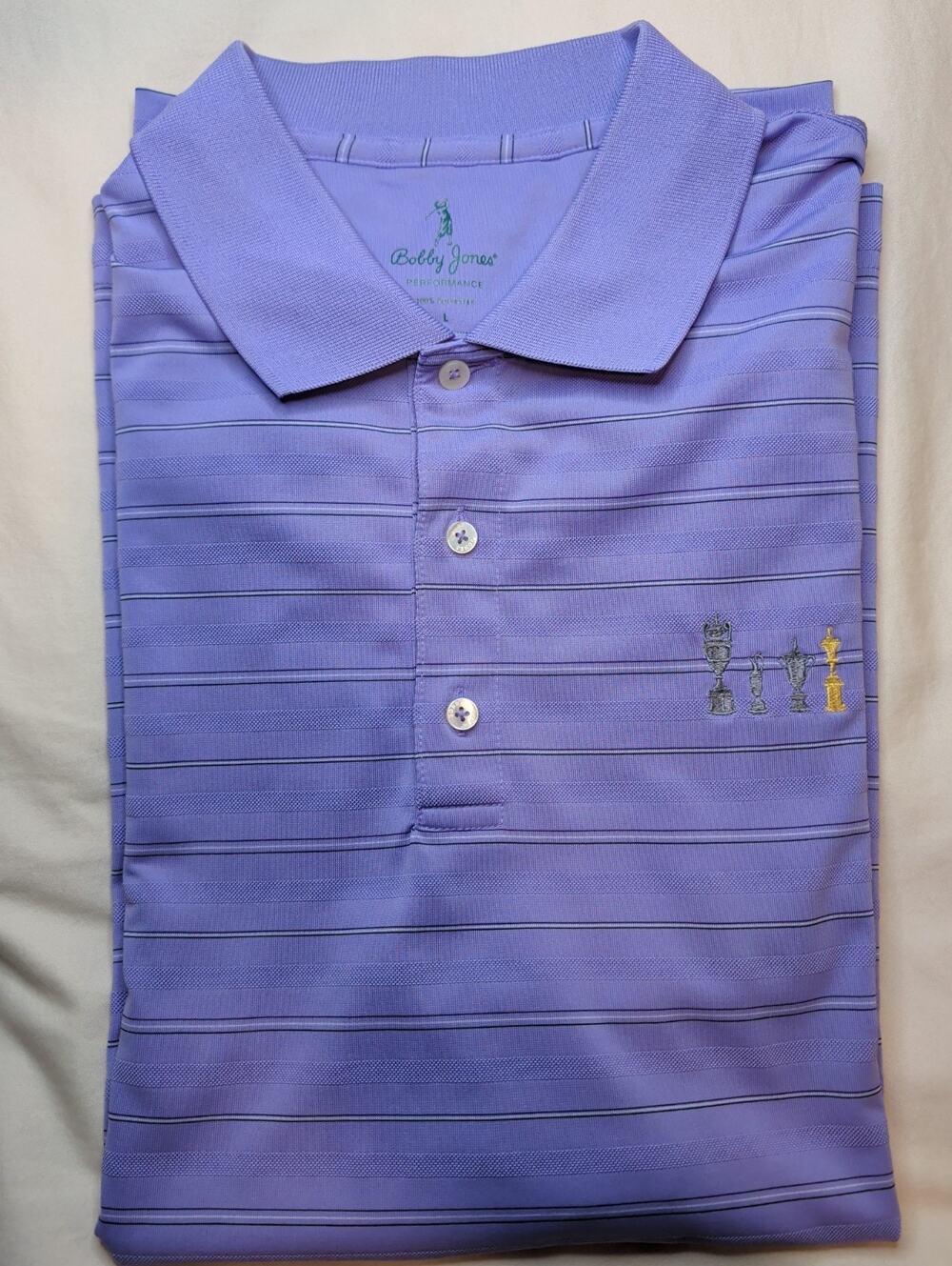 Bobby Jones Golf Polo Mens L Purple Striped Grand Slam Trophies Performance